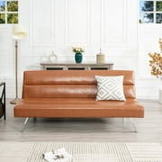 Naomi Home Faux Leather Futon Couch, Modern Convertible Folding Sofa Bed Couch Futon Sofa Bed with Chrome Legs, Reclining Mini Couch, Leather Futon Small Couch for Bedroom Living Room- Caramel